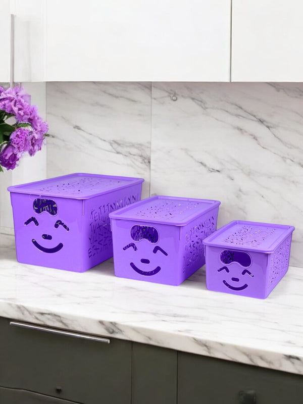 Smiley Basket with Lids Random Colors (Pack of 3)