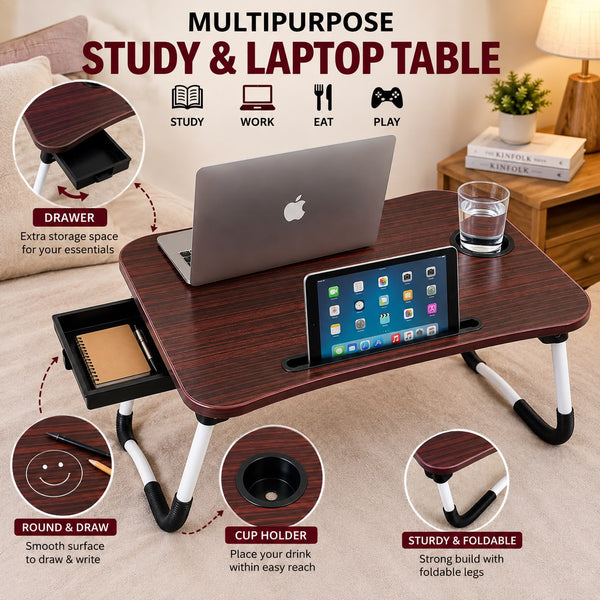 New Premium Laptop Wooden Table with Water Glass and iPad Holder with Side Stationary Drawer