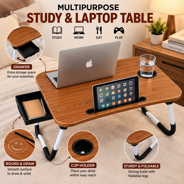 New Premium Laptop Wooden Table with Water Glass and iPad Holder with Side Stationary Drawer