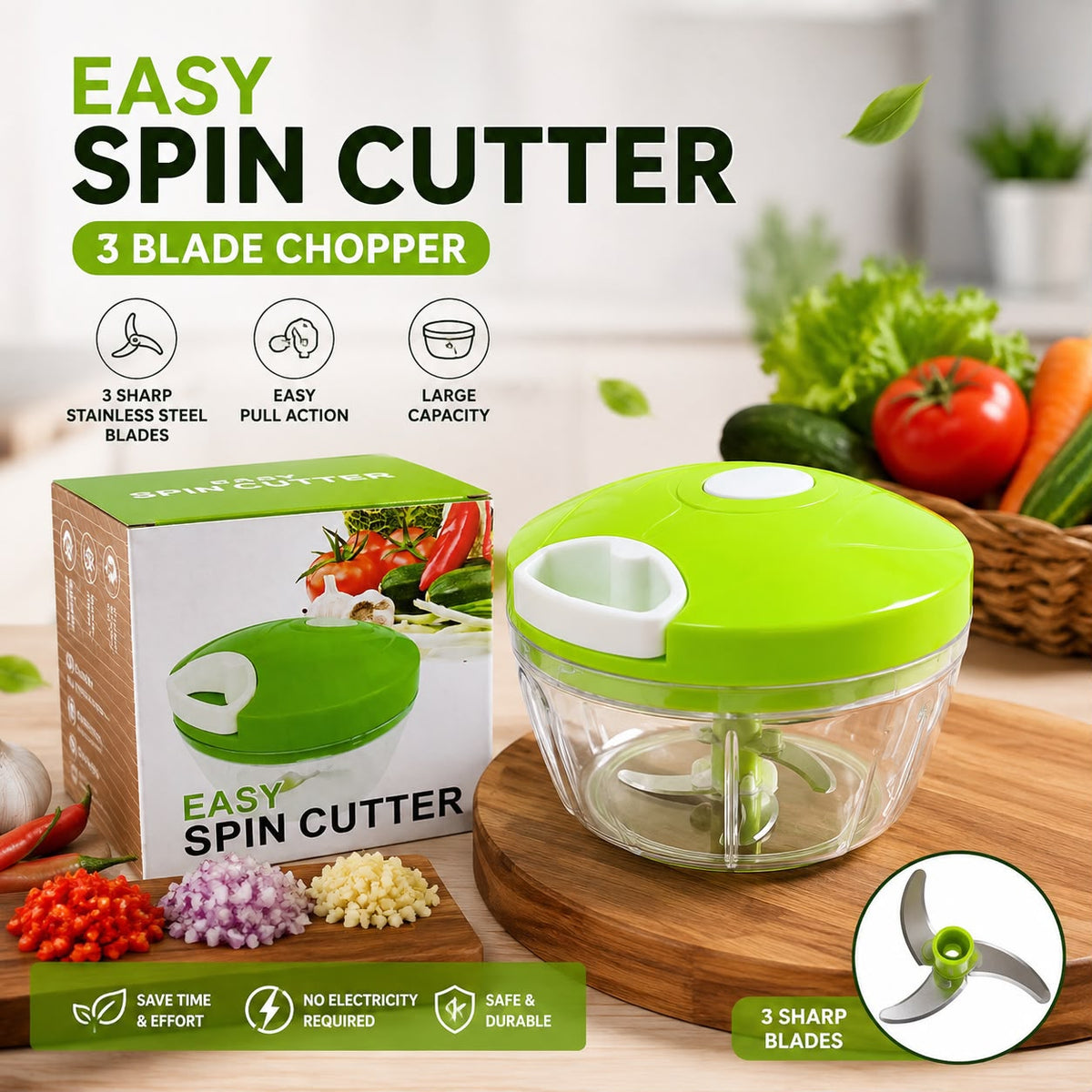 3-Blades Stainless Steel Manual Food Vegetable Chopper