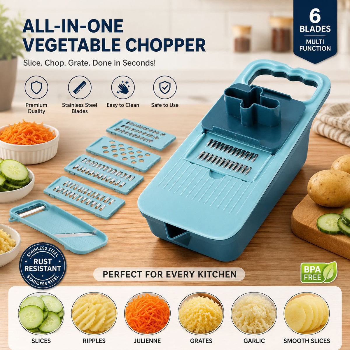 Multipurpose 5in1 Straight Drainage Vegetable Cutter/Slicer (Mix/Random colour)