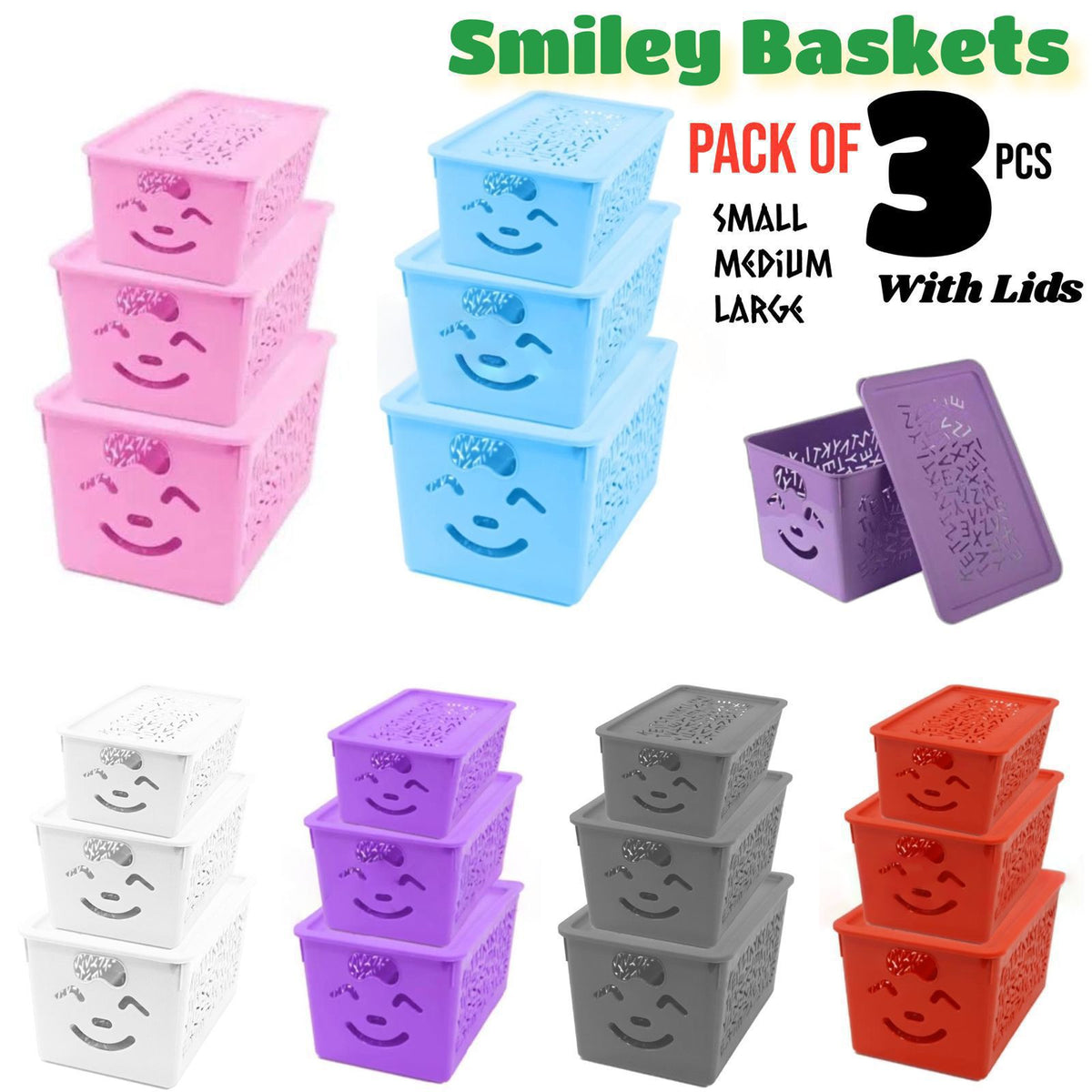 Smiley Basket with Lids Random Colors (Pack of 3)