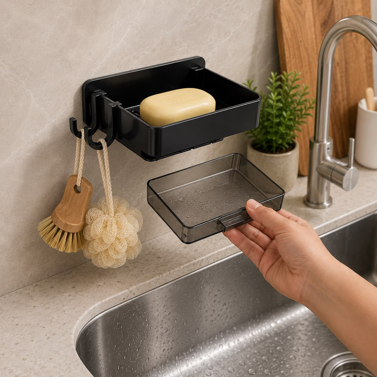 2in1 Self Adhesive Plastic Soap Tray with Drainage Tray and 2 Hanging Hooks