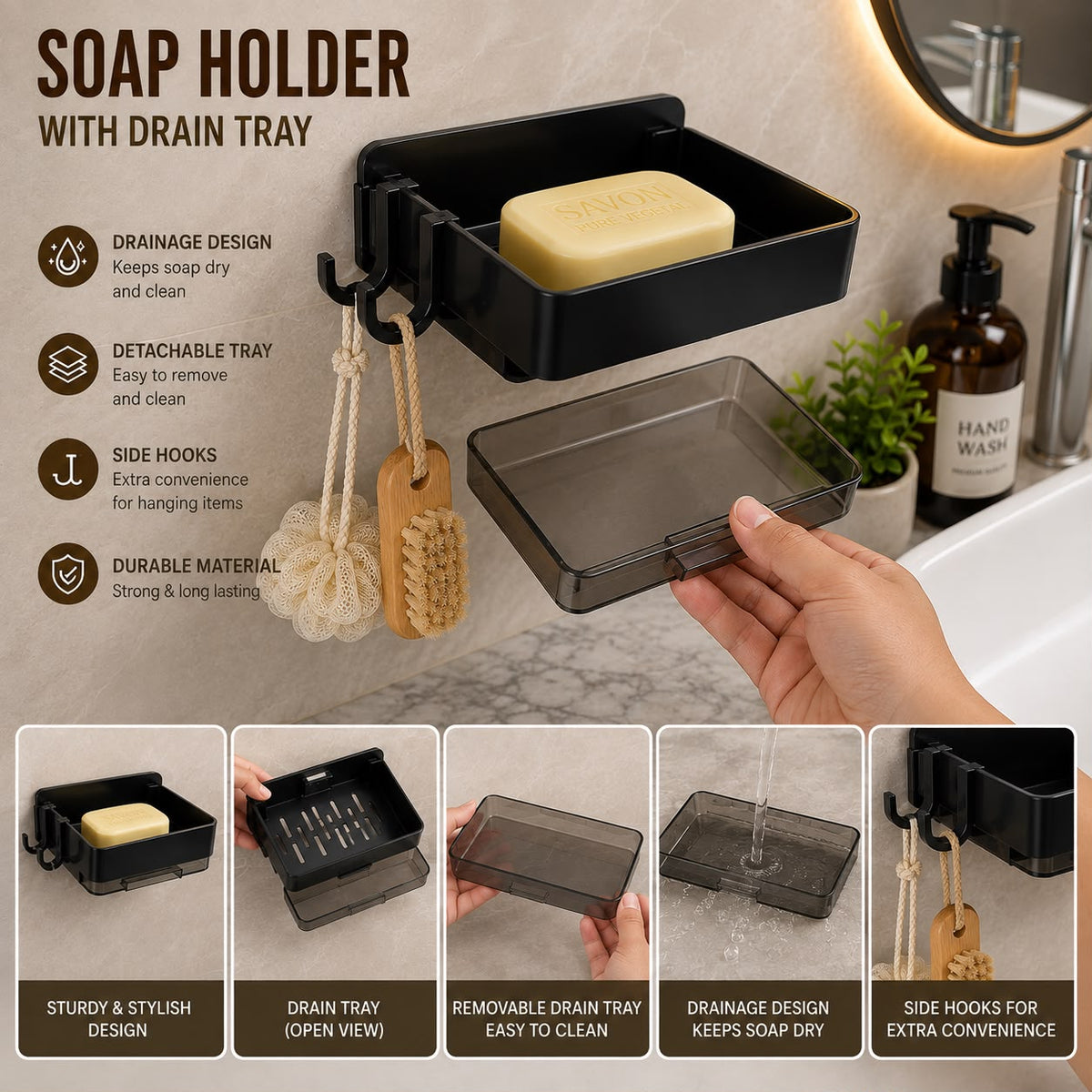 2in1 Self Adhesive Plastic Soap Tray with Drainage Tray and 2 Hanging Hooks