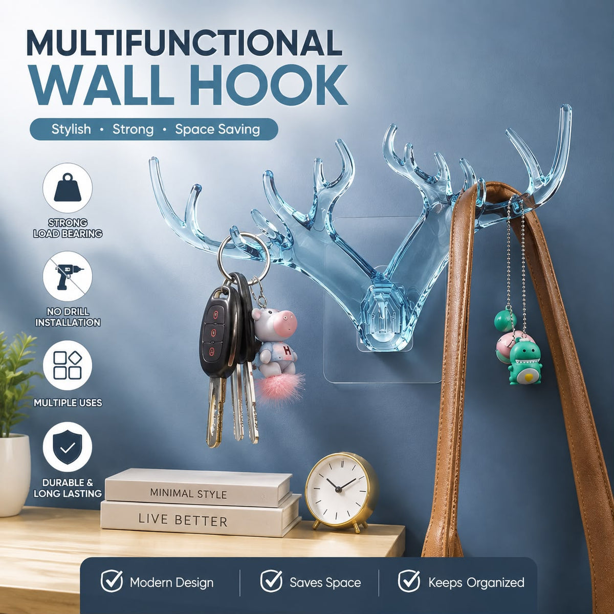 New Antler Deer Head Horn Shape Self Adhesive Wall Hook