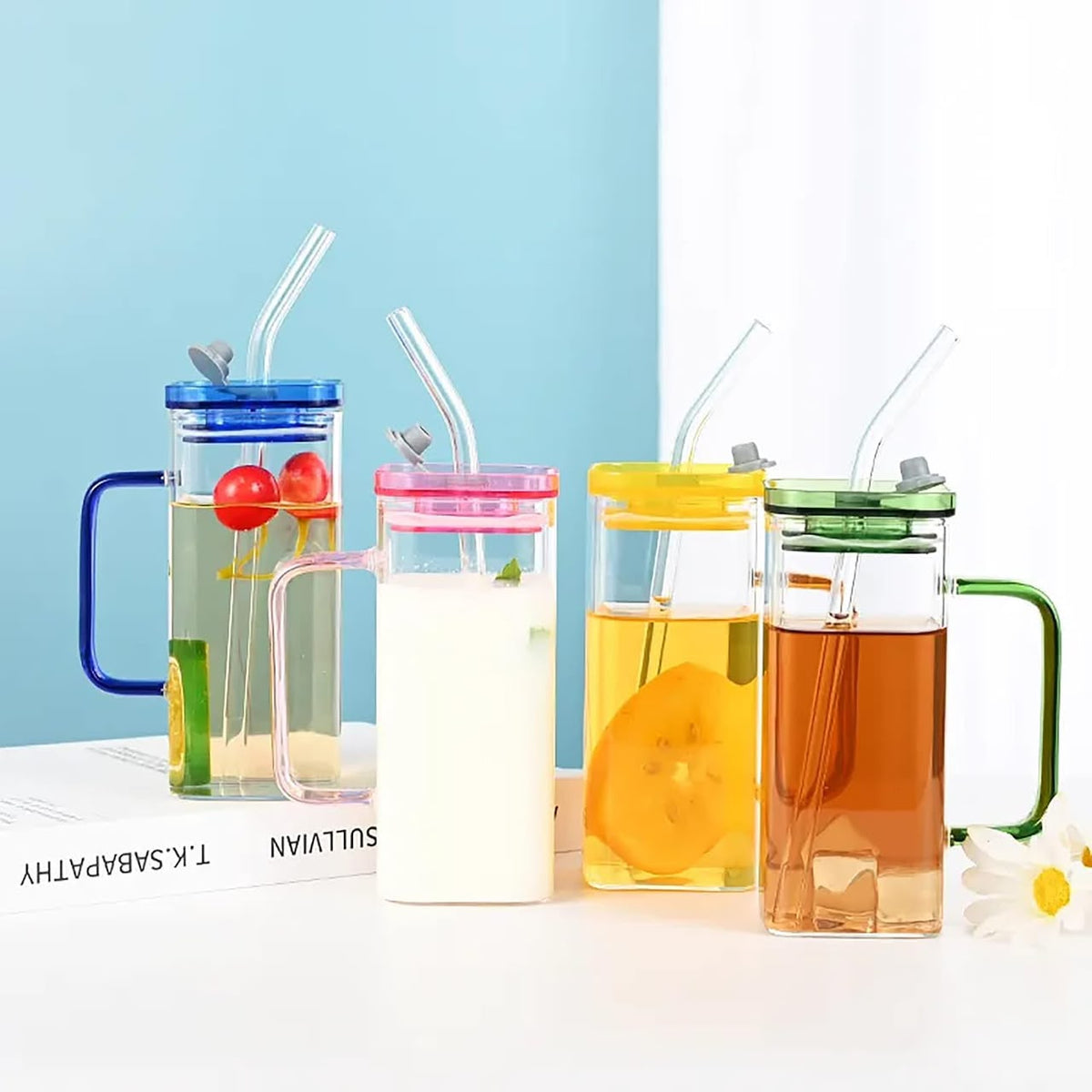 400ml Square Glass Mug with LID and Straw (Mix/Random colour)