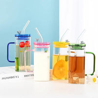 400ml Square Glass Mug with LID and Straw (Mix/Random colour)