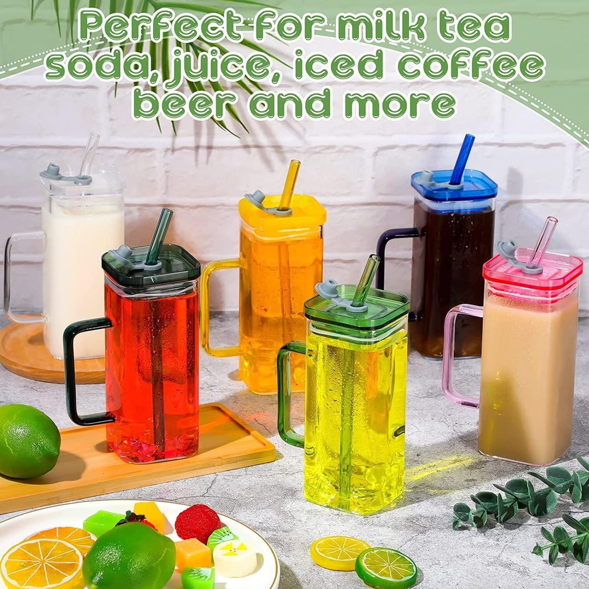 400ml Square Glass Mug with LID and Straw (Mix/Random colour)