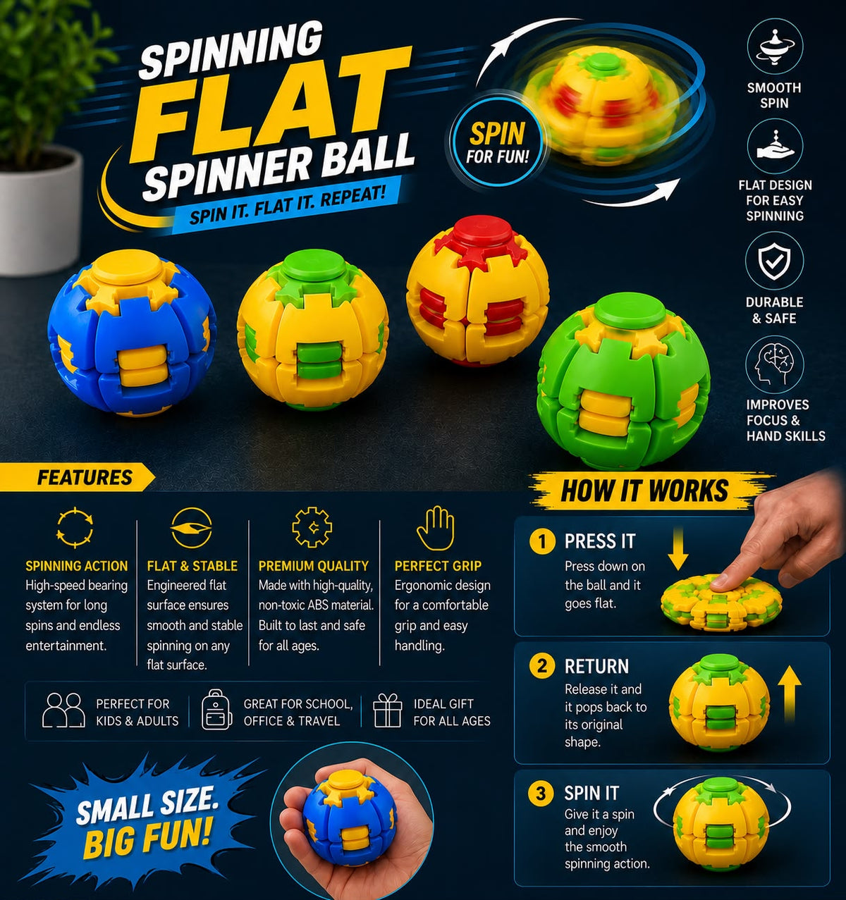 Colourful 3D Printed Stress Relief Fidget Spinner Ball