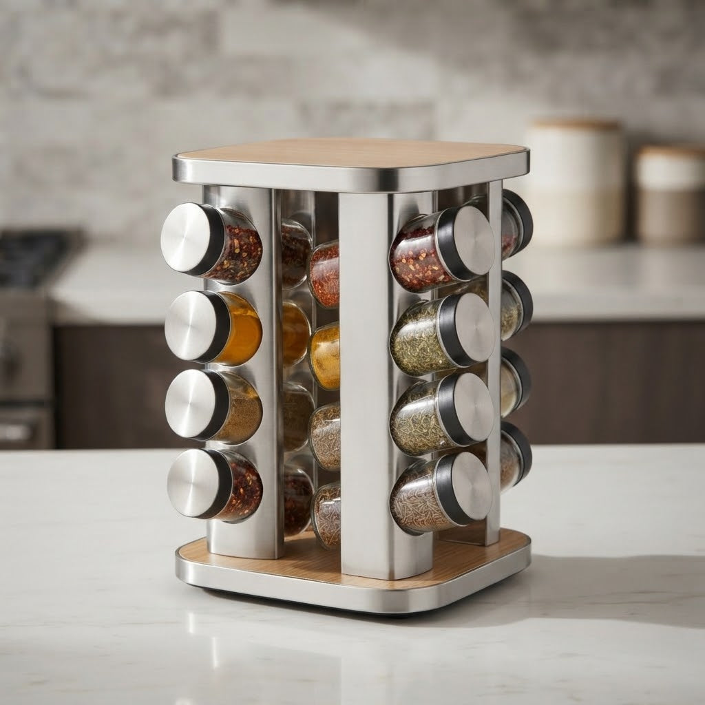 Wooden Stainless Steel Revolving Spice Rack