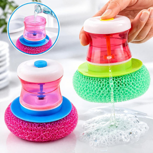 Kitchen Plastic Wires Palm Brush with Squeeze Liquid Container
