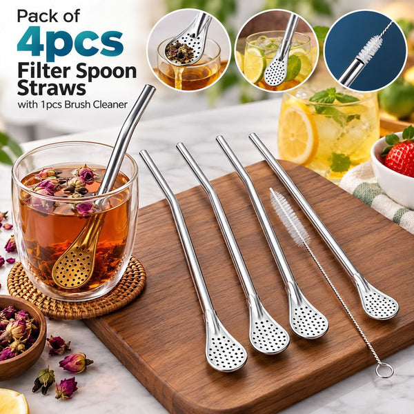 Pack of 4pcs Filter Spoon Straws with 1pcs Brush Cleaner