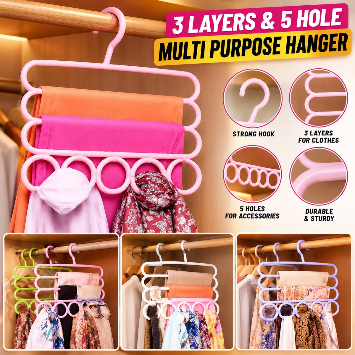 3 Layer and 5 Holes Multipurpose Scarf Plastic Hanger