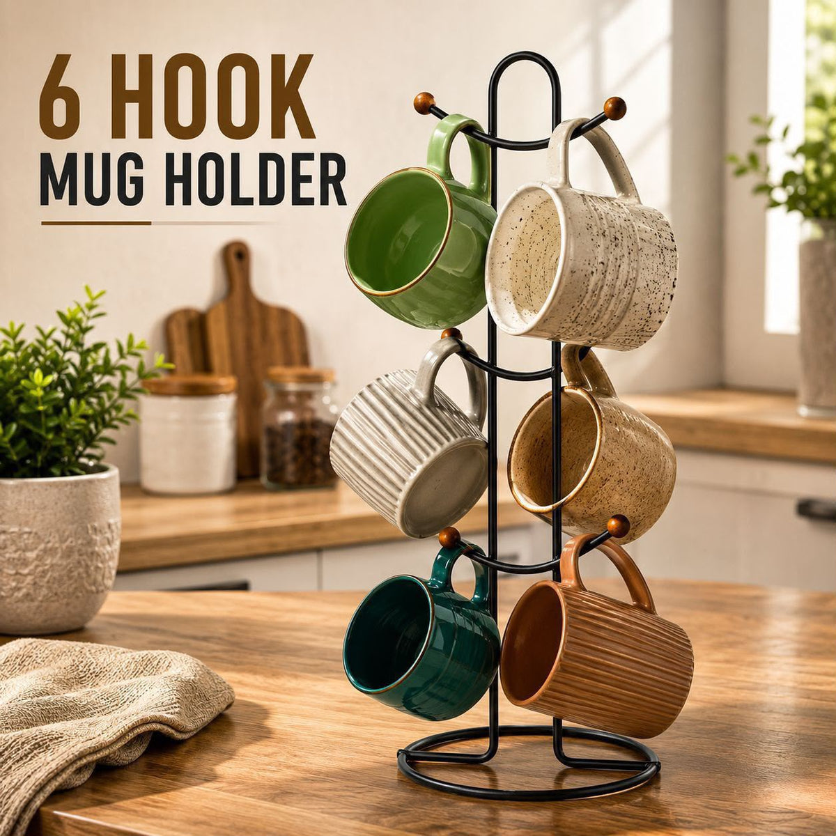 Black Metal 6 Hooks Mugs Table Holder