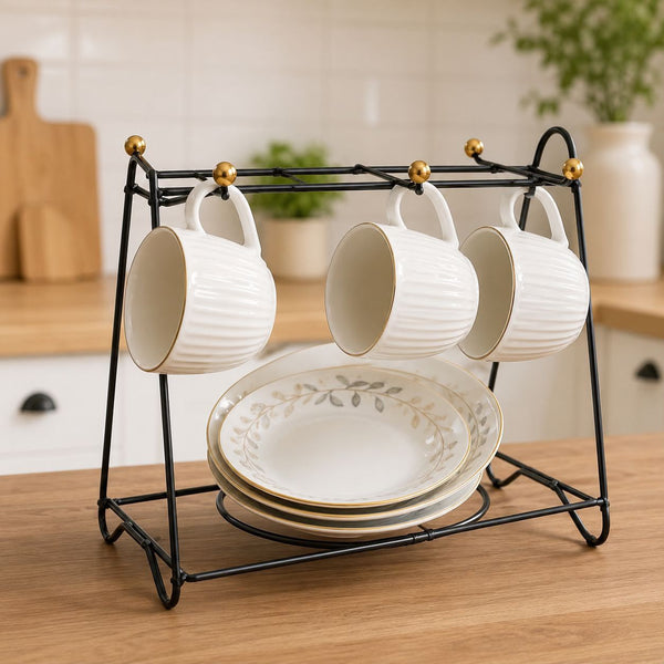 2in1 Metal Table 6-Mugs with Saucer/Plate Holder