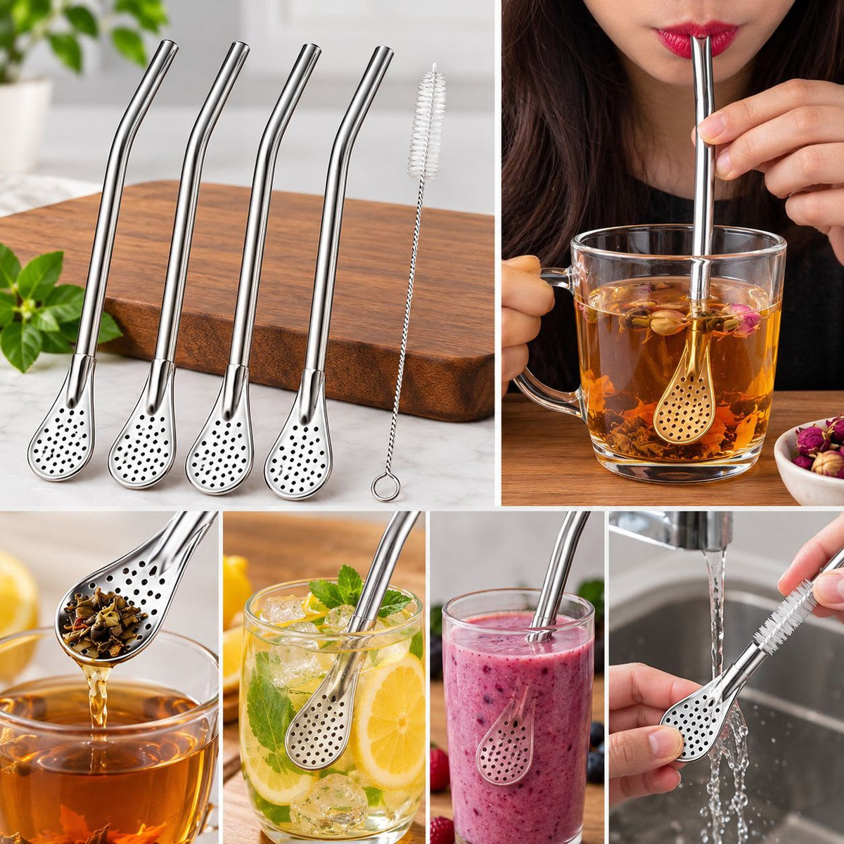 Pack of 4pcs Filter Spoon Straws with 1pcs Brush Cleaner