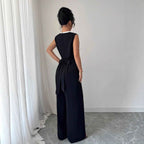 Elegant Embroidered Black Crew-Neck Sleeveless Wide-Leg Jumpsuit