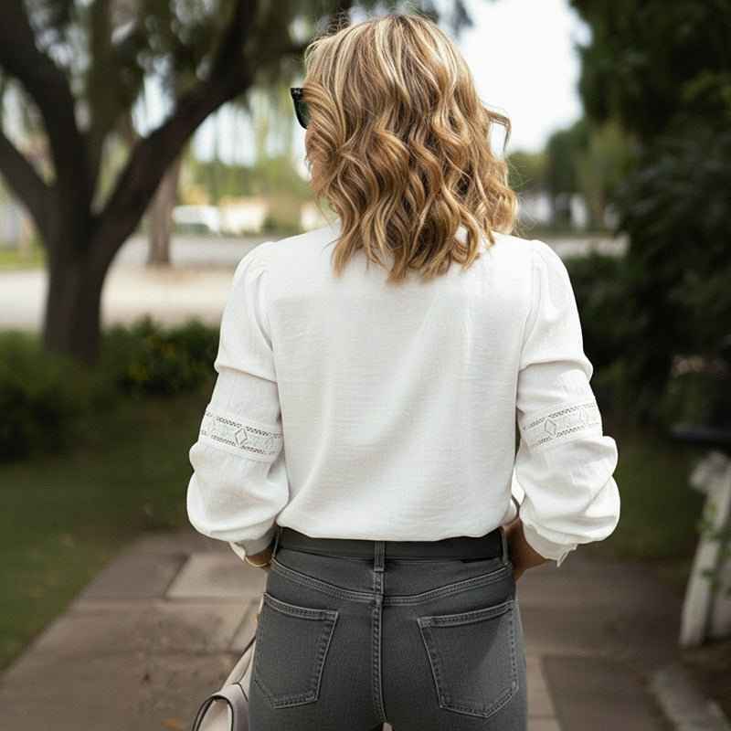 Elegant Lace-trimmed Stand Collar Hollow-out Long-sleeve White Shirt