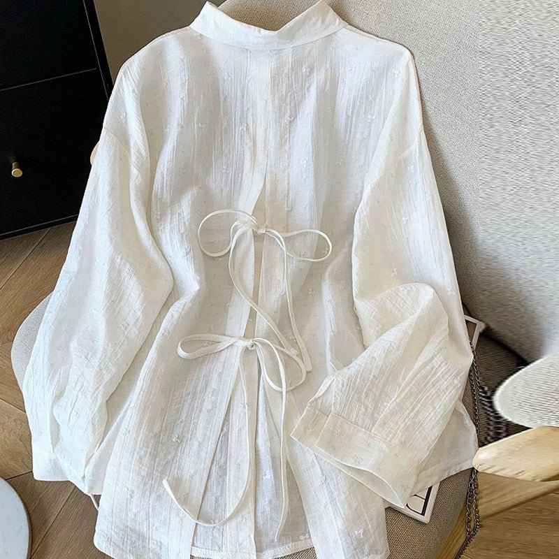Elegant Solid-Color Crepe Loose-Fit Shirt Cardigan Women's Top