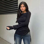 European And American Instagram-style Pure Yet Alluring Lace-up Minimalist Long-sleeve Drawstring Top