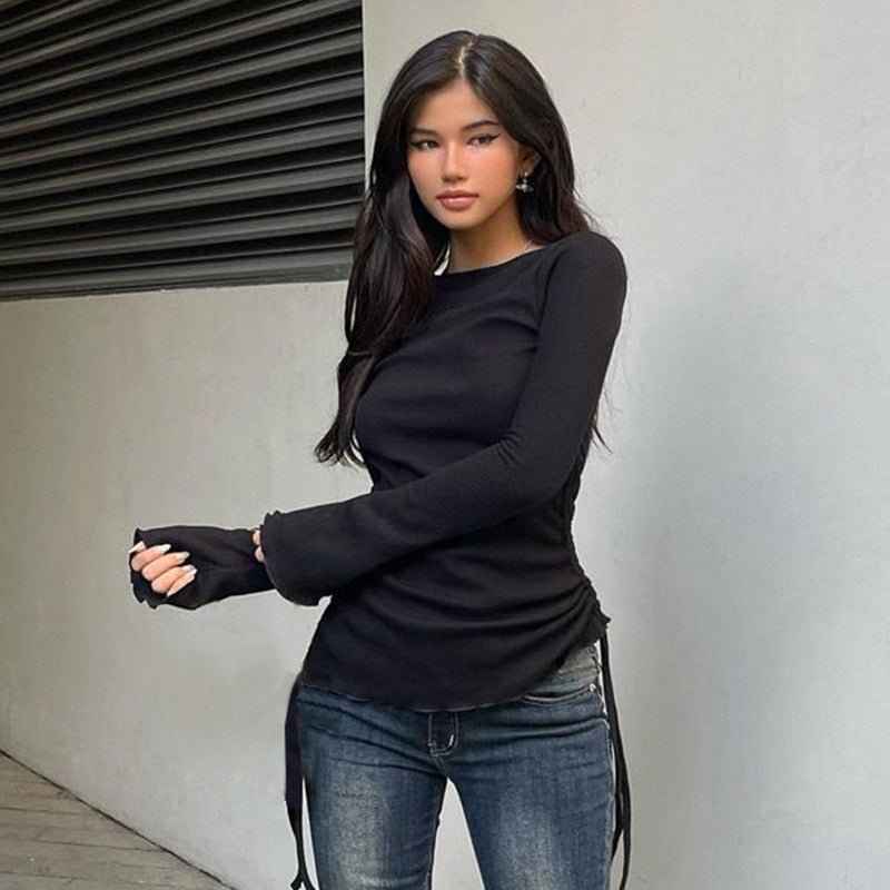 European And American Instagram-style Pure Yet Alluring Lace-up Minimalist Long-sleeve Drawstring Top