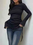 European And American Instagram-style Pure Yet Alluring Lace-up Minimalist Long-sleeve Drawstring Top
