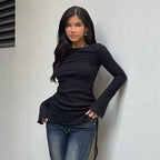 European And American Instagram-style Pure Yet Alluring Lace-up Minimalist Long-sleeve Drawstring Top