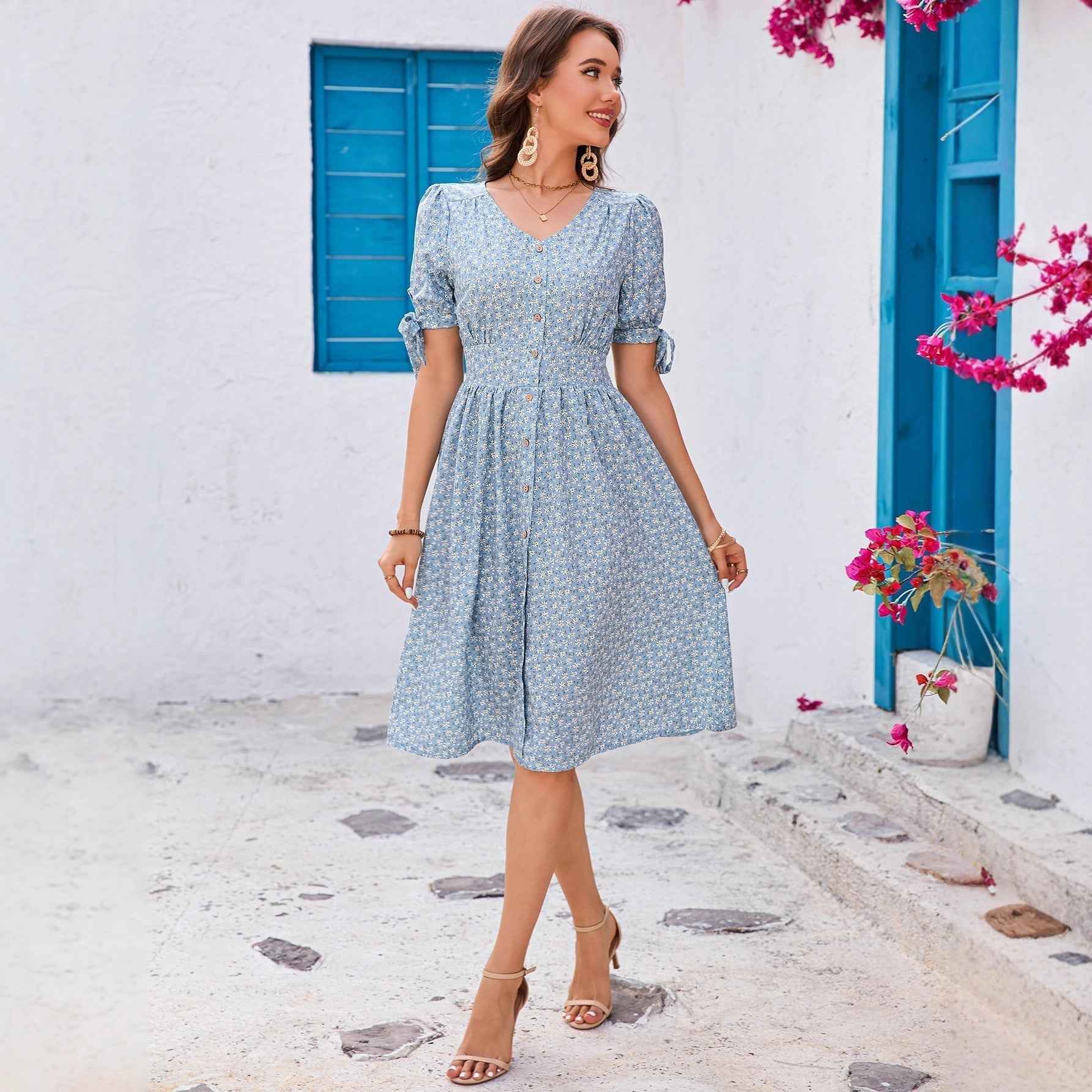 Floral V-neck Puff-Sleeve Bow-Trimmed Half-Buttoned Waist-Cinched Dress