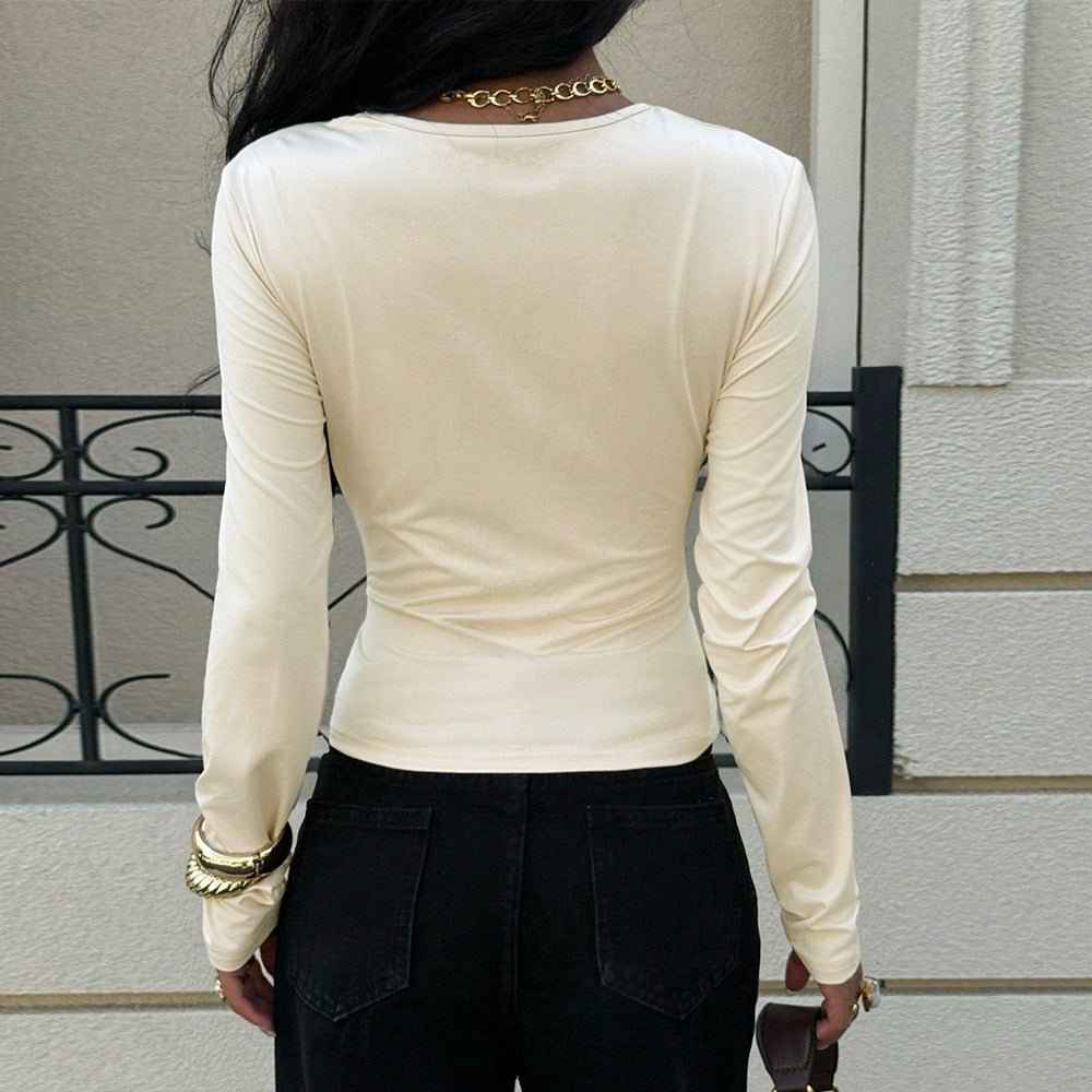 French-style Niche Off-white Top For Women Irregularly Crossed Pleated Design On The Front Chest Long Sleeves Loose Fit And Figure-flattering