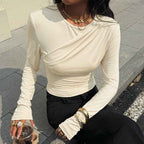 French-style Niche Off-white Top For Women Irregularly Crossed Pleated Design On The Front Chest Long Sleeves Loose Fit And Figure-flattering