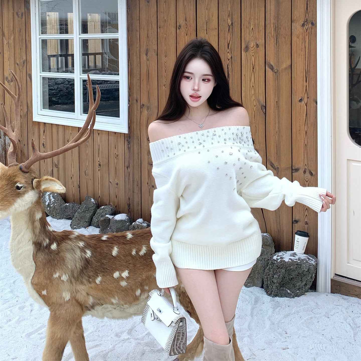 Heavily Embellished With Rhinestones Long-sleeved Pullover Sweater