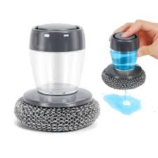 Kitchen Stainless Steel Wires Palm Brush with Squeeze Liquid Container