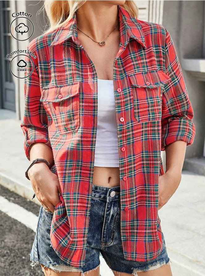 In-stock Womens Loose-fitting Long-sleeve Pocket Shirt