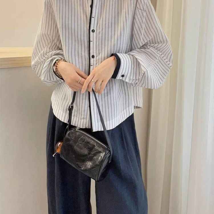 Lanternsleeve Verticalstriped Casual Blouse Women's Stylish Top