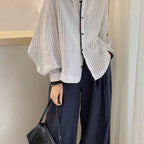 Lanternsleeve Verticalstriped Casual Blouse Women's Stylish Top