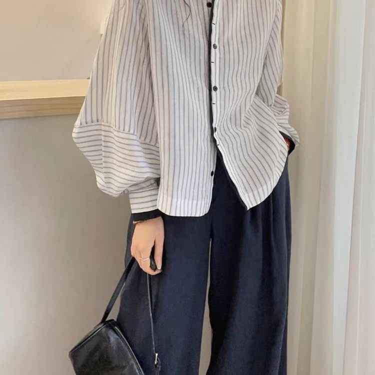 Lanternsleeve Verticalstriped Casual Blouse Women's Stylish Top