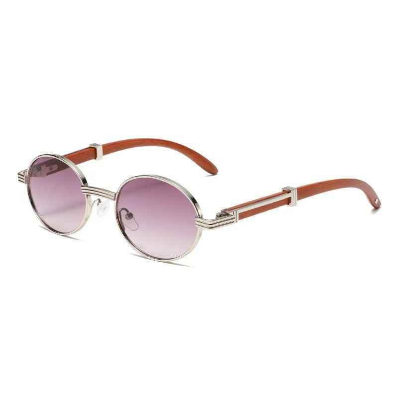 Metal Oval-Frame Sunglasses With A Wood-Grain Finish