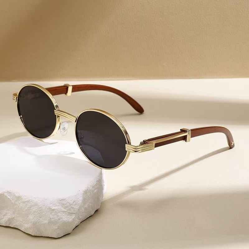 Metal Oval-Frame Sunglasses With A Wood-Grain Finish