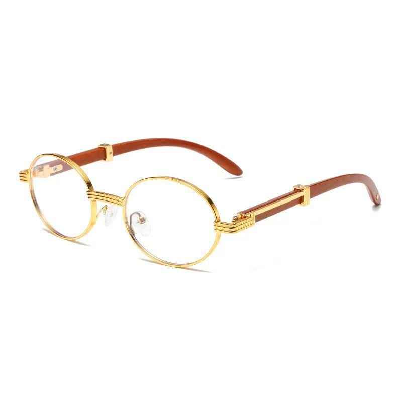 Metal Oval-Frame Sunglasses With A Wood-Grain Finish