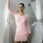 New Solid-color Slim-fit Crew-neck Waist-cinching Bandeau Mini Dress