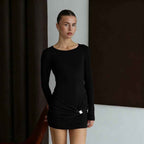 New Solid-color Slim-fit Crew-neck Waist-cinching Bandeau Mini Dress
