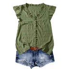 New Women's V-neck Ruffled Short-sleeve Blouse Loose-fit Figure-flattering Top With Lace Detailing