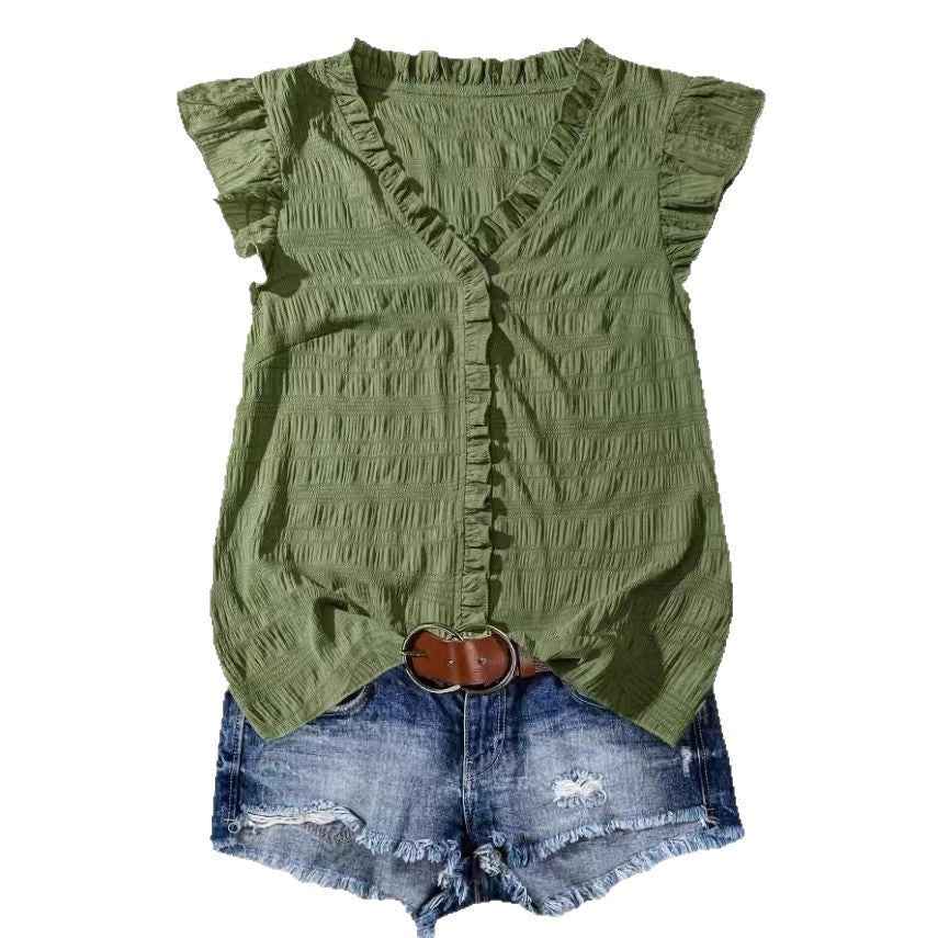 New Women's V-neck Ruffled Short-sleeve Blouse Loose-fit Figure-flattering Top With Lace Detailing