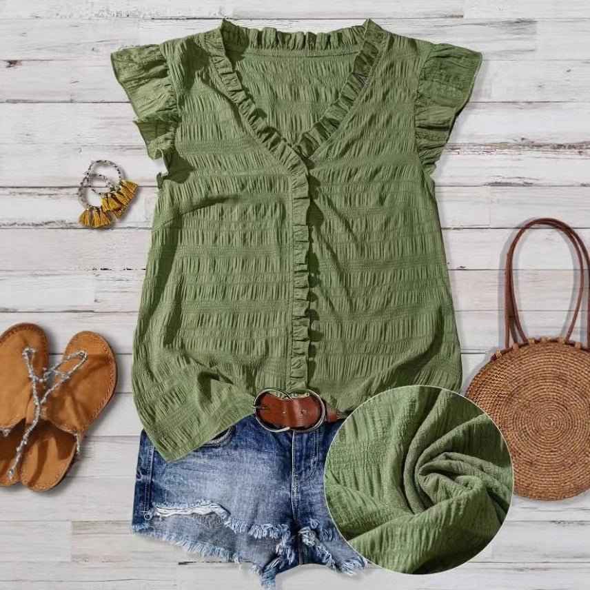 New Women's V-neck Ruffled Short-sleeve Blouse Loose-fit Figure-flattering Top With Lace Detailing