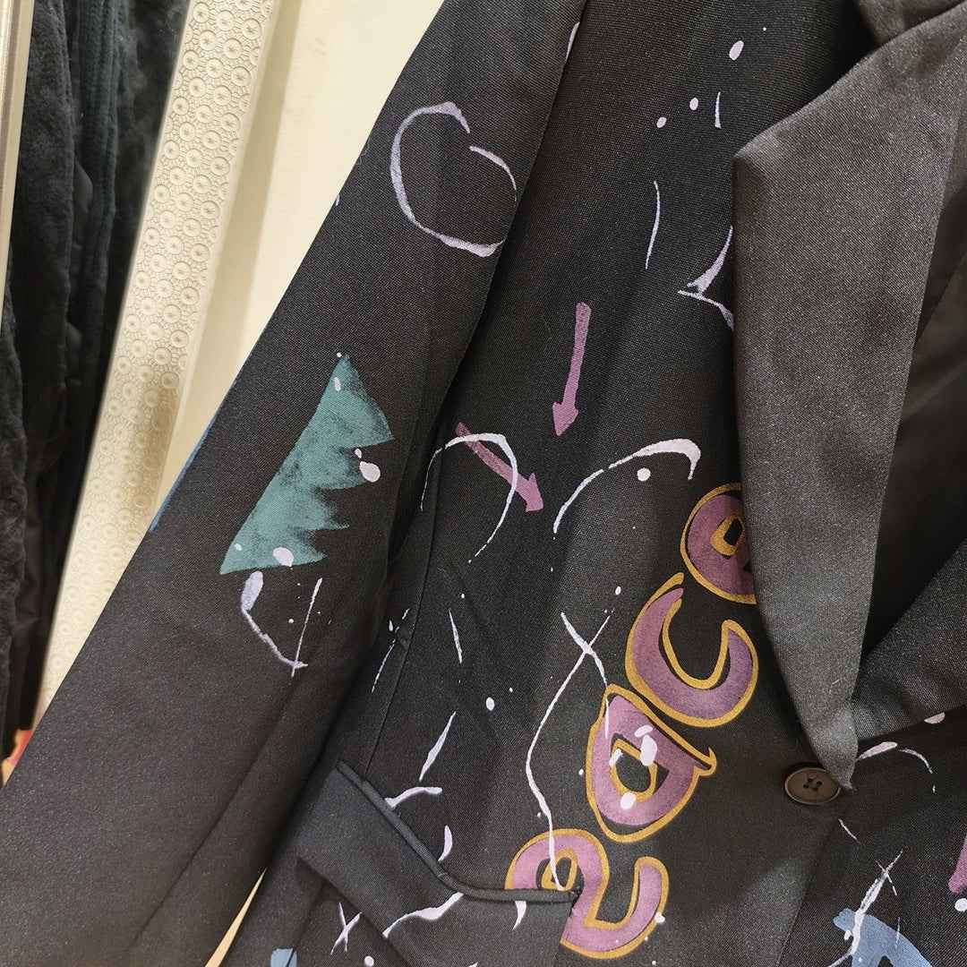 Rare And Eye-catching Colorful Letter Graffiti-print Loose-fitting Jacket