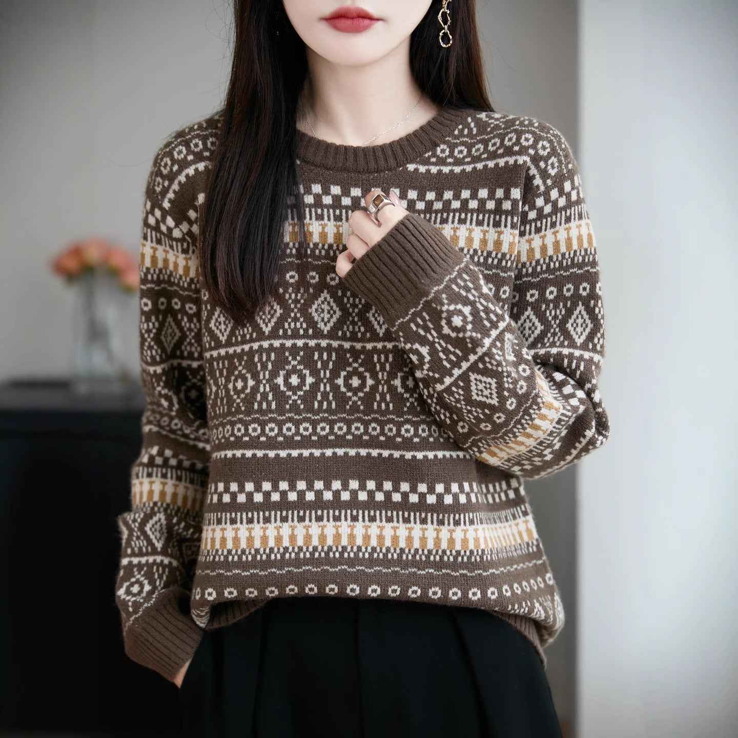 Retro Jacquard Crew-Neck Pullover Fair Isle Thickened Sweater