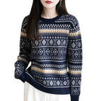 Retro Jacquard Crew-Neck Pullover Fair Isle Thickened Sweater