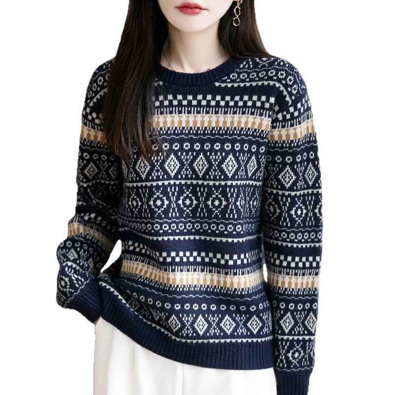 Retro Jacquard Crew-Neck Pullover Fair Isle Thickened Sweater