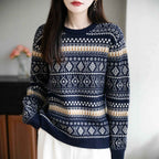 Retro Jacquard Crew-Neck Pullover Fair Isle Thickened Sweater