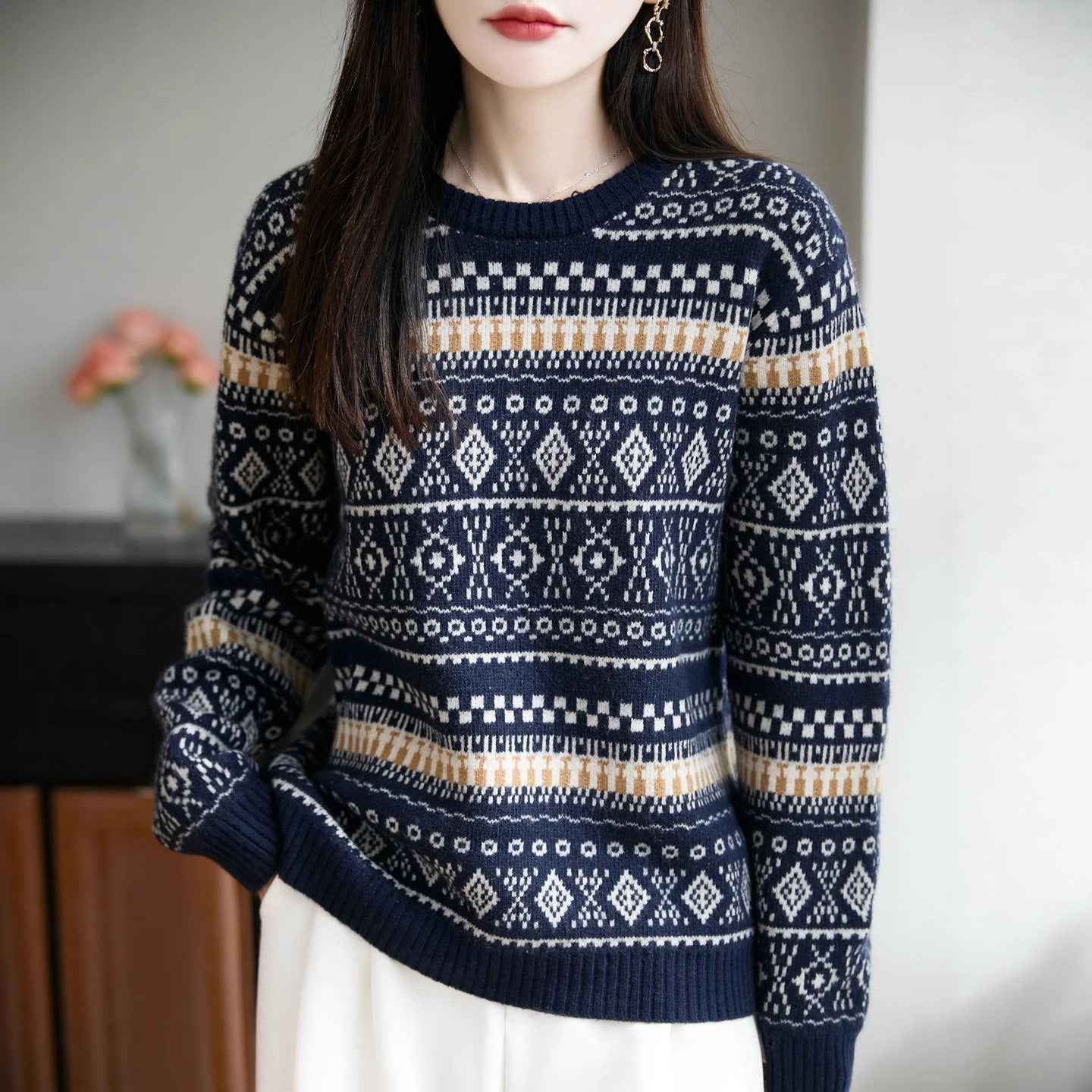 Retro Jacquard Crew-Neck Pullover Fair Isle Thickened Sweater